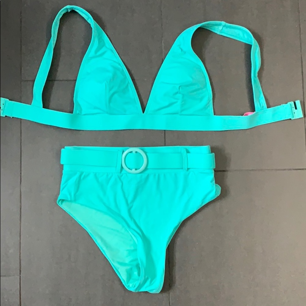 Pink lily bikini set blue high waist belt buckle - Picture 3 of 3